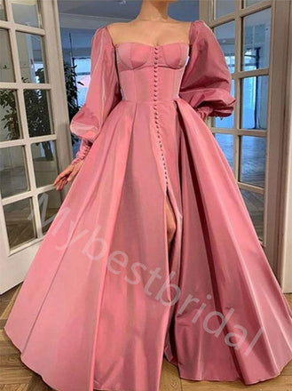 Elegant Square Long sleeves Side slit A-line Long Prom Dress,PDS1087