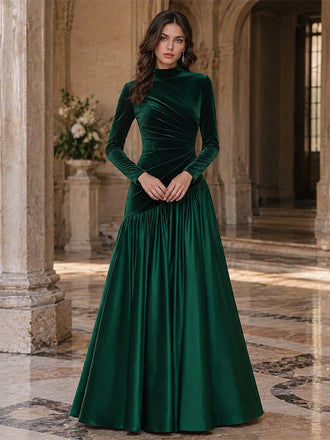 Luxe Emerald Green High Neck Velvet Long Sleeve A Line Evening Gown,PDS118812