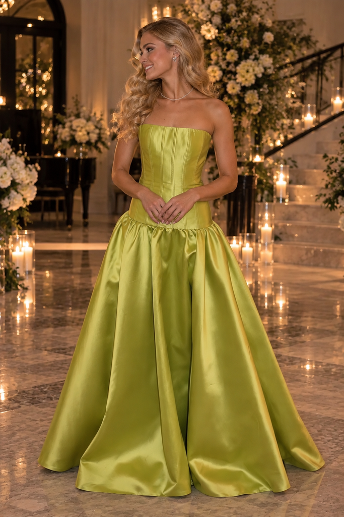 Lime Green Strapless Satin Corset Pleated Ball Gown Long Prom Dress,PDS118586