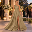 Premium One Shoulder Pleated Satin Slit A-Line Long Evening Dress,PDS118687