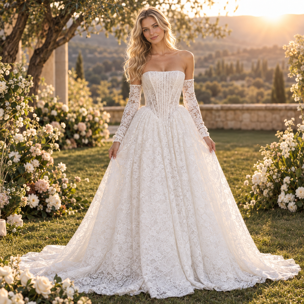 Regal Strapless Corset Detachable Long Sleeves Lace A-Line Wedding Dress ,WD0446