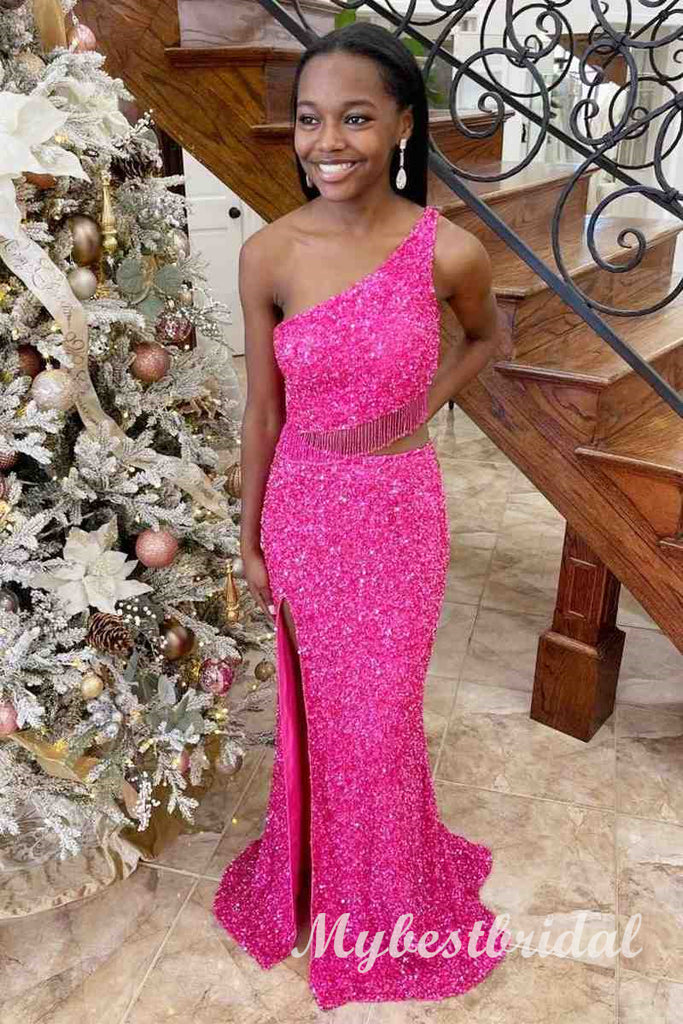 Sparkly One Shoulder Side Slit Mermaid Long Prom Dress,PDS11712