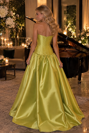 Lime Green Strapless Satin Corset Pleated Ball Gown Long Prom Dress,PDS118586