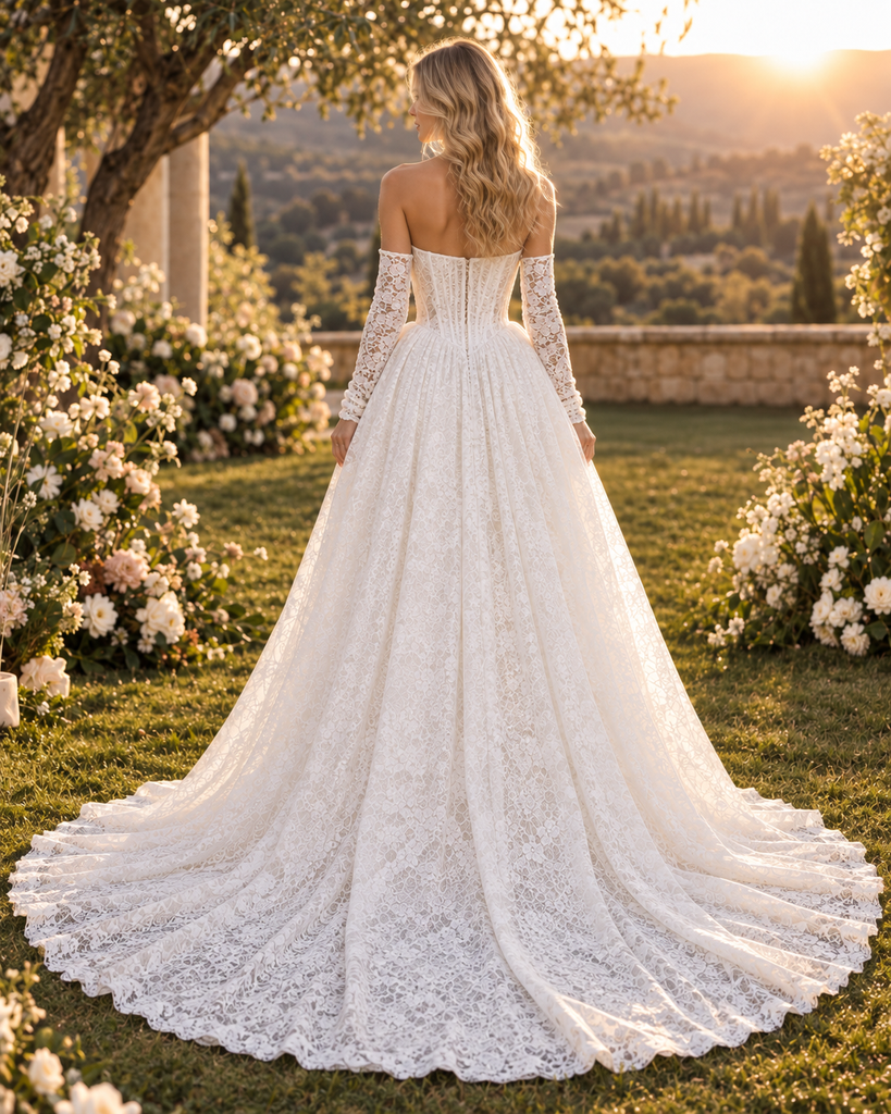 Regal Strapless Corset Detachable Long Sleeves Lace A-Line Wedding Dress ,WD0446