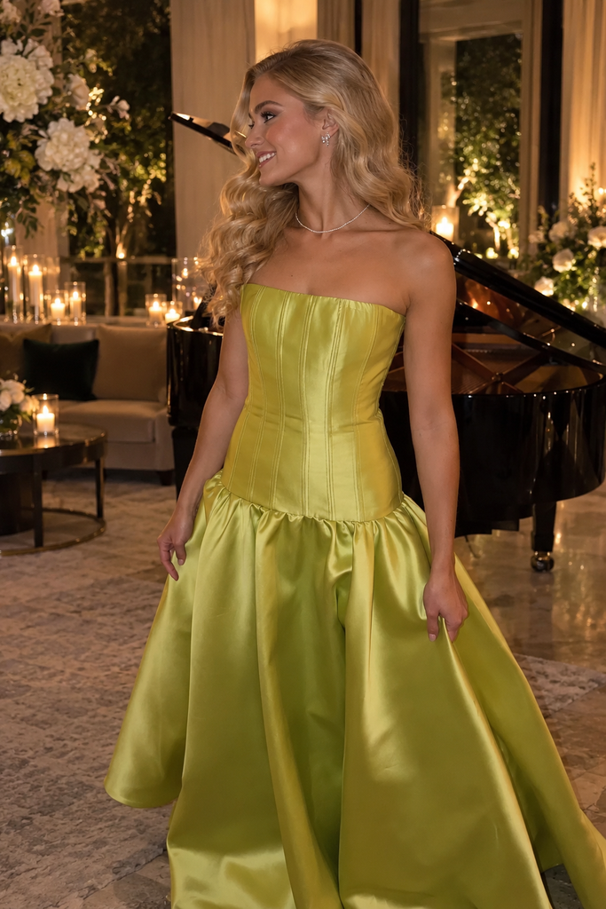 Lime Green Strapless Satin Corset Pleated Ball Gown Long Prom Dress,PDS118586