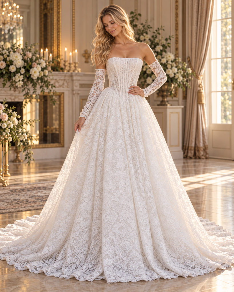 Regal Strapless Corset Detachable Long Sleeves Lace A-Line Wedding Dress ,WD0446