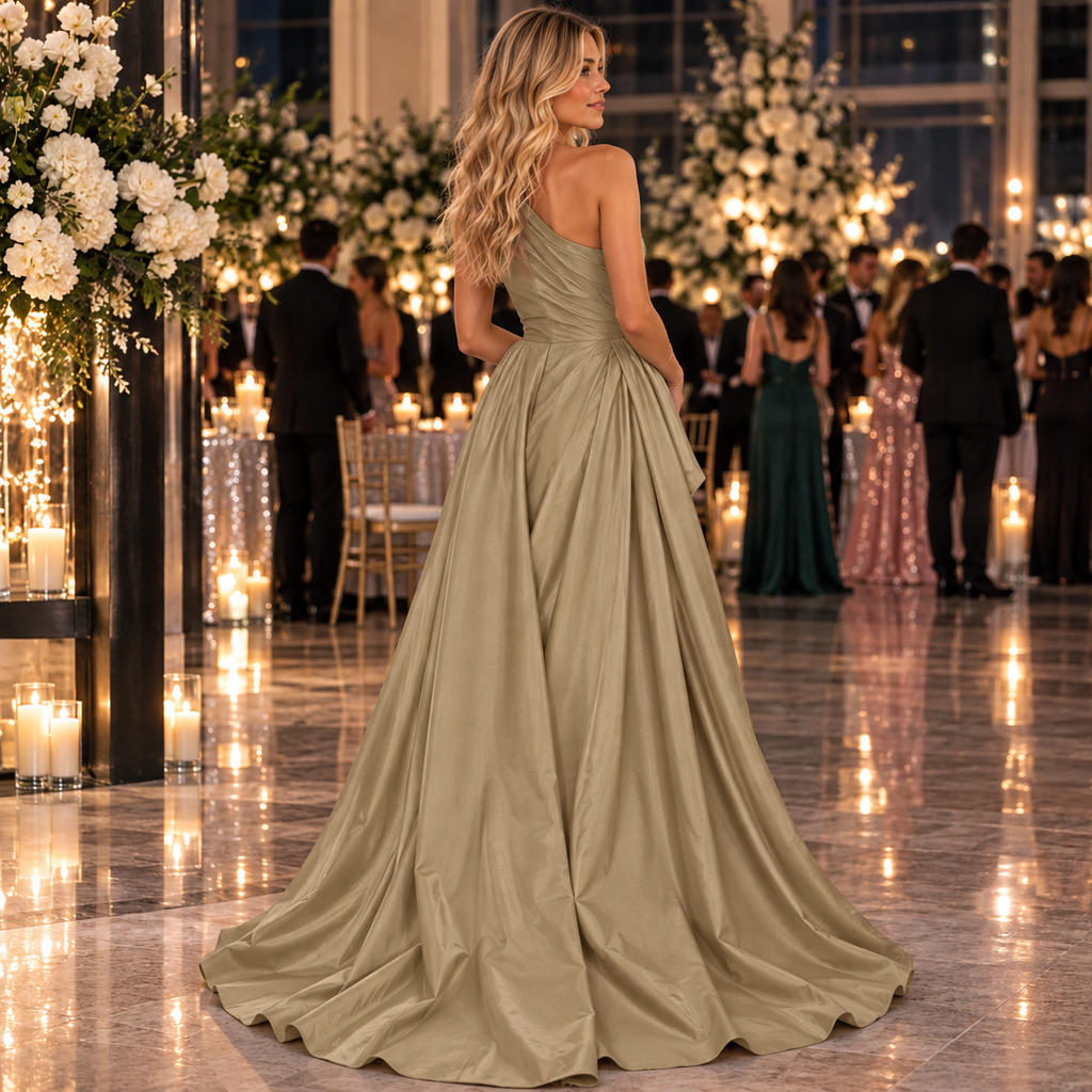 Premium One Shoulder Pleated Satin Slit A-Line Long Evening Dress,PDS118687