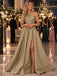 Premium One Shoulder Pleated Satin Slit A-Line Long Evening Dress,PDS118687