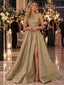 Premium One Shoulder Pleated Satin Slit A-Line Long Evening Dress,PDS118687