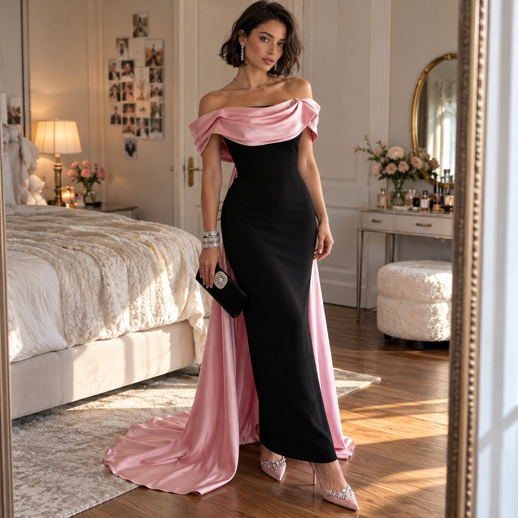 Luxury Black Pink Satin Off Shoulder Mermaid Long Evening Dress,PDS118688
