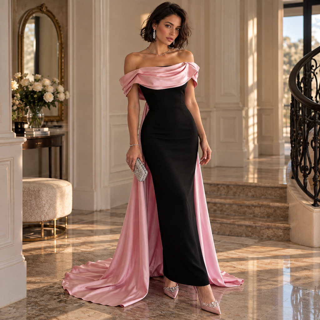 Luxury Black Pink Satin Off Shoulder Mermaid Long Evening Dress,PDS118688