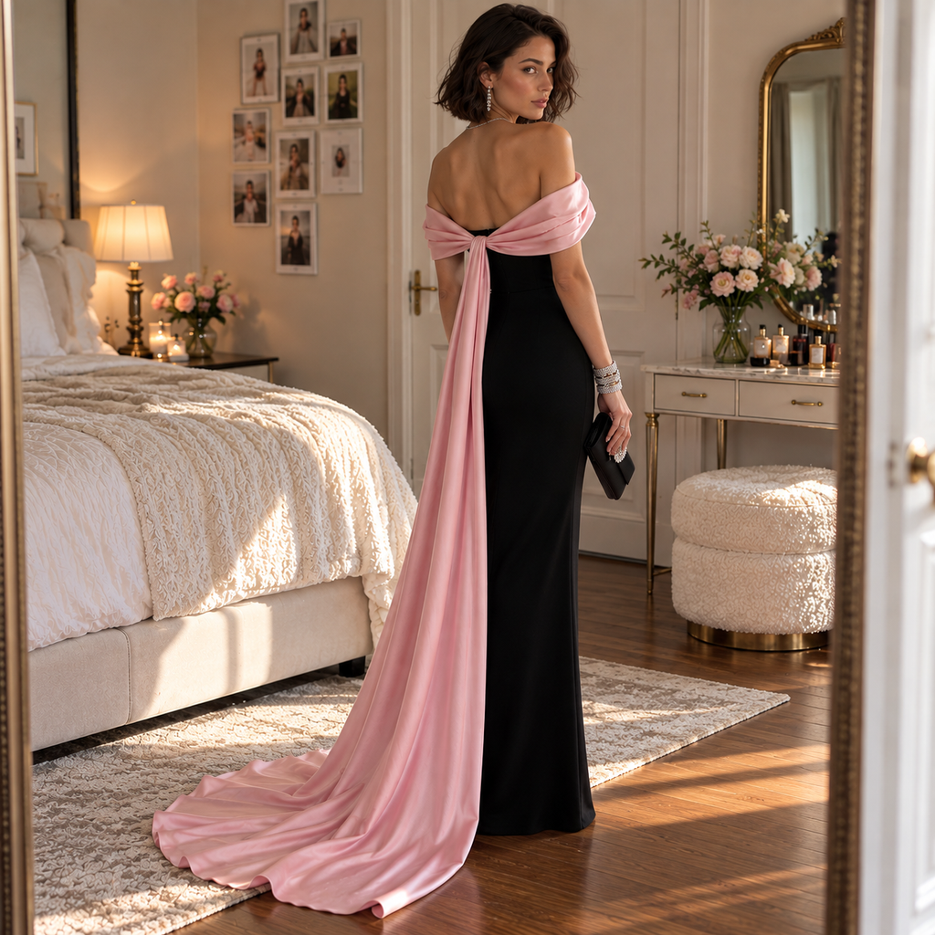Luxury Black Pink Satin Off Shoulder Mermaid Long Evening Dress,PDS118688