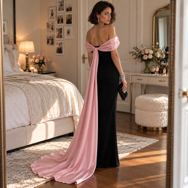 Luxury Black Pink Satin Off Shoulder Mermaid Long Evening Dress,PDS118688