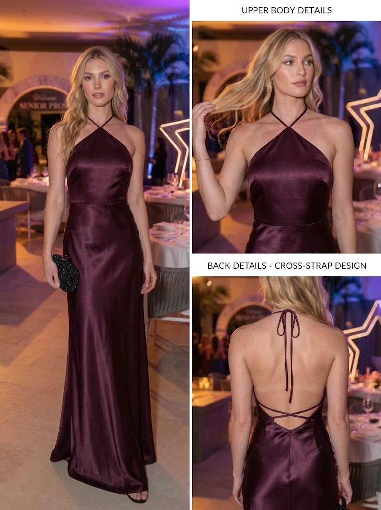 Elegant Halter Satin SSleeveless Sheath Long Evening Prom Party Dress,PDS118587
