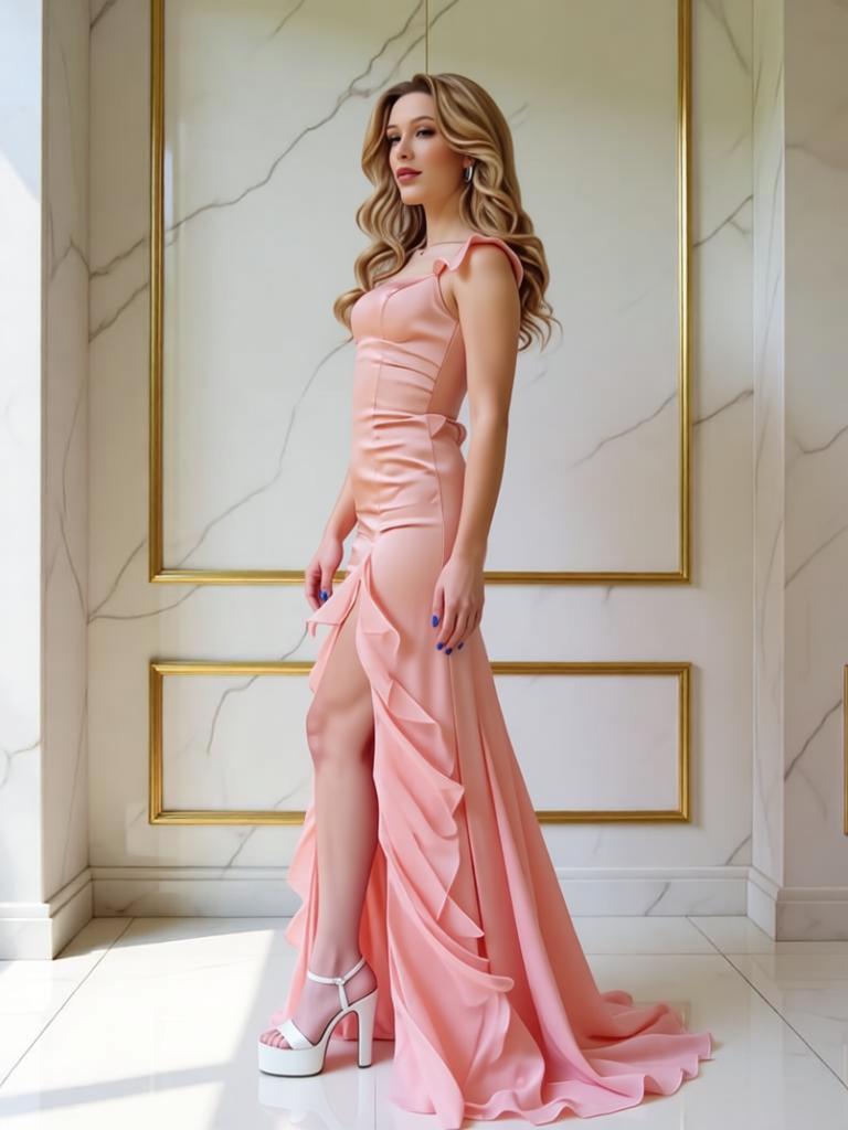 Pretty Square Satin Ruffles Straps Side Slit Mermaid Long Prom Party Dress,PDS118505