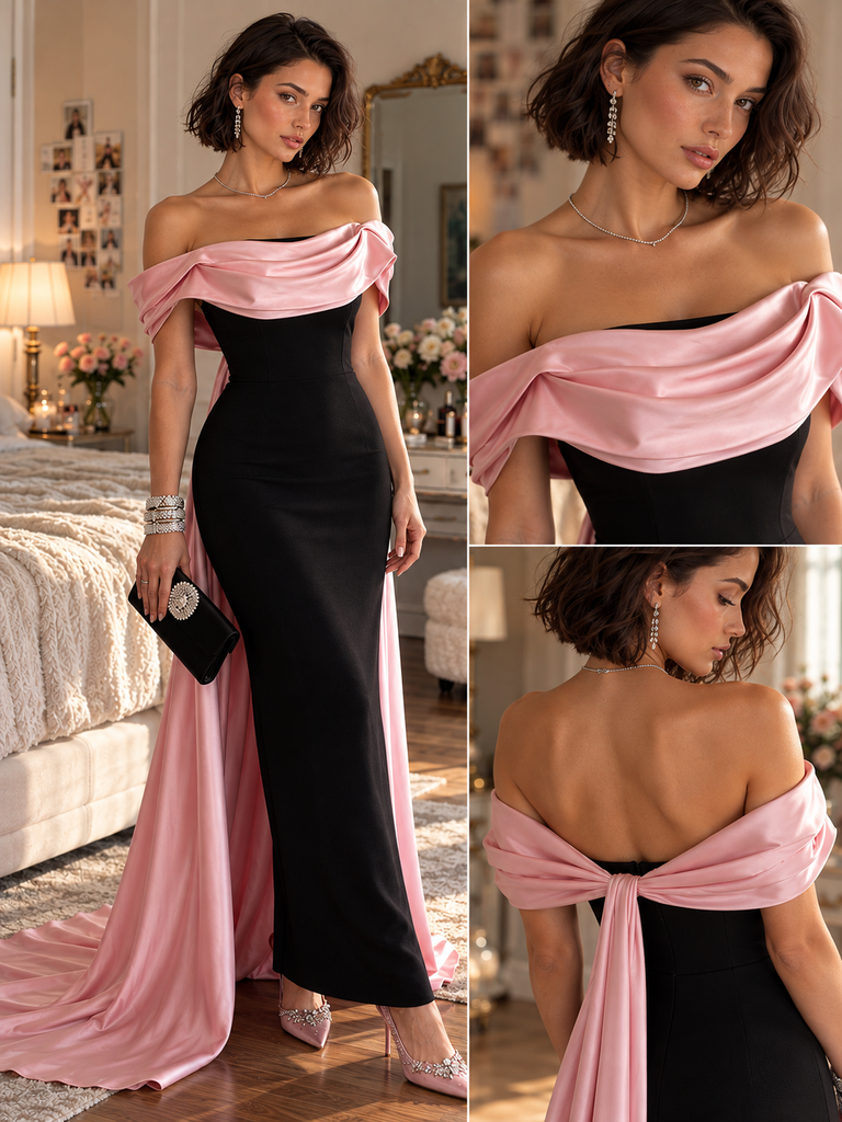 Luxury Black Pink Satin Off Shoulder Mermaid Long Evening Dress,PDS118688