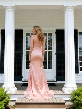 Pretty Square Satin Ruffles Straps Side Slit Mermaid Long Prom Party Dress,PDS118505