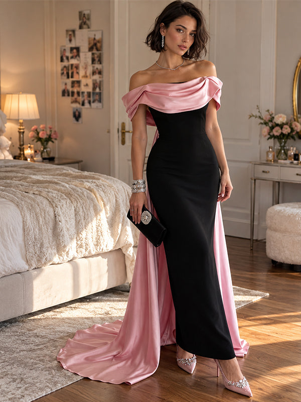 Luxury Black Pink Satin Off Shoulder Mermaid Long Evening Dress,PDS118688