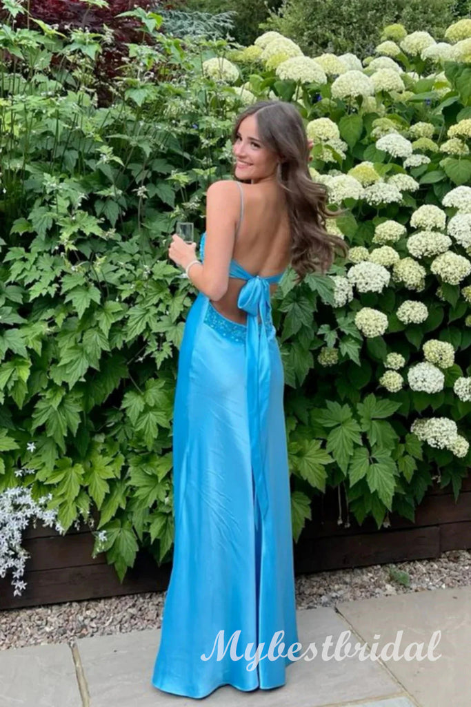 Blue V-neck Spaghetti Straps Sleeveless Mermaid Long Prom Dress,PDS11714