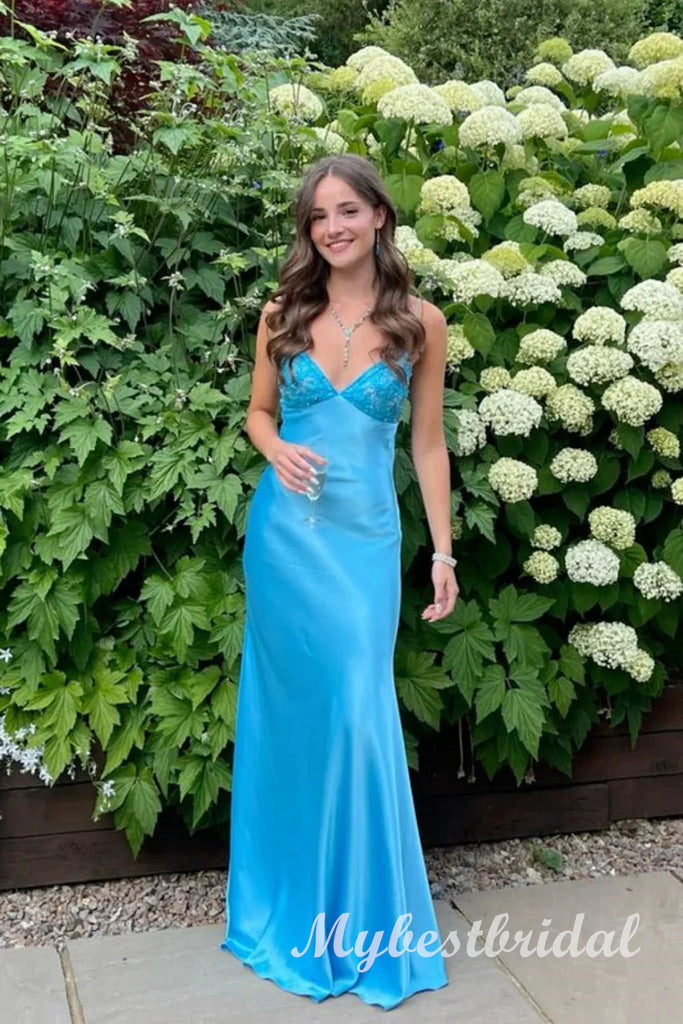 Blue V-neck Spaghetti Straps Sleeveless Mermaid Long Prom Dress,PDS11714