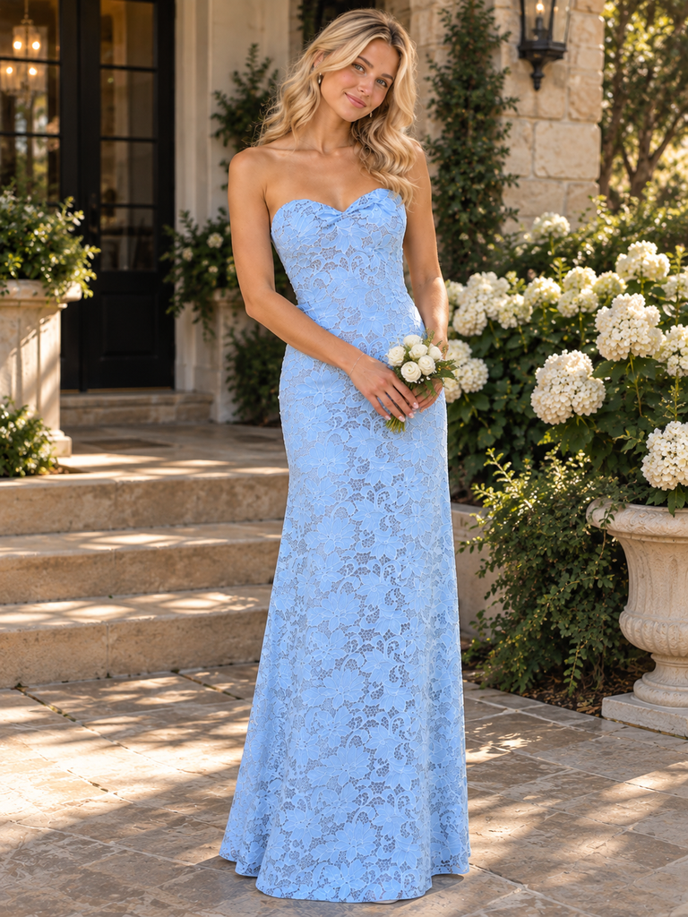 Elegant Light Blue Lace Strapless Mermaid Evening Dress,PDS118689