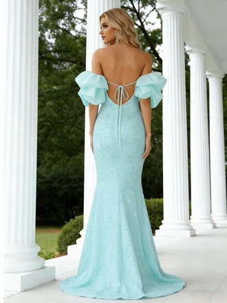 Sparkly Off Shoulder V-Neck Mermaid Sequin Long Prom Party Dress,PDS118506