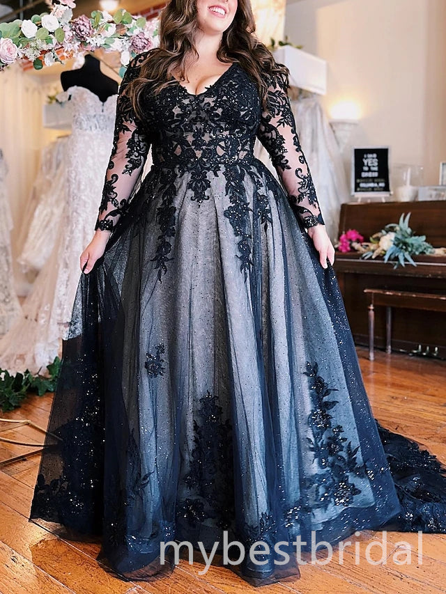 Black Long Sleeves Side Slit A-line Long Prom Dress,PDS11677