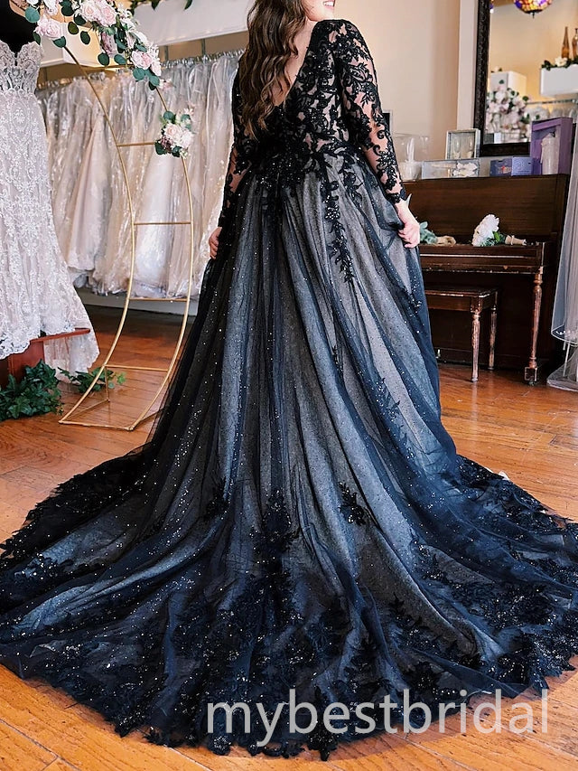 Black Long Sleeves Side Slit A-line Long Prom Dress,PDS11677