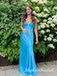 Blue V-neck Spaghetti Straps Sleeveless Mermaid Long Prom Dress,PDS11714