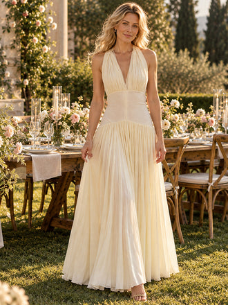 Glam Cream Chiffon Halter V Neck Pleated A Line Wedding Guest Dress,PDS118690