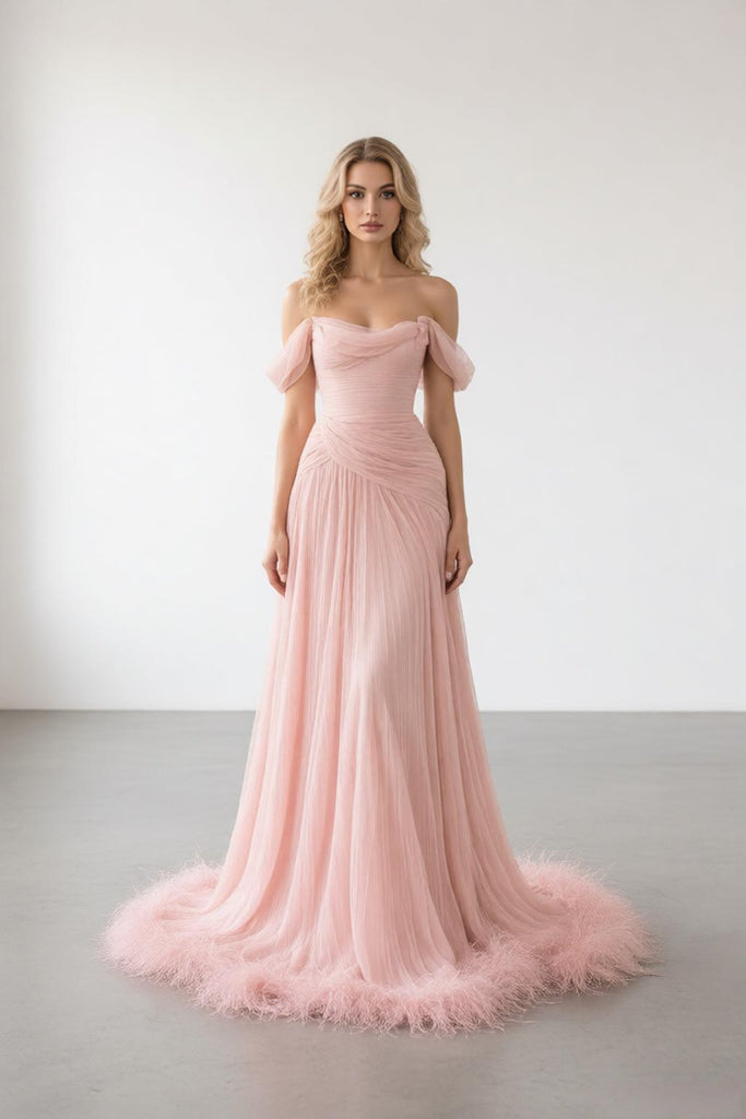 Romantic Off Shoulder Draped Tulle A-Line Long Prom Dress With Feather Hem,PDS118589
