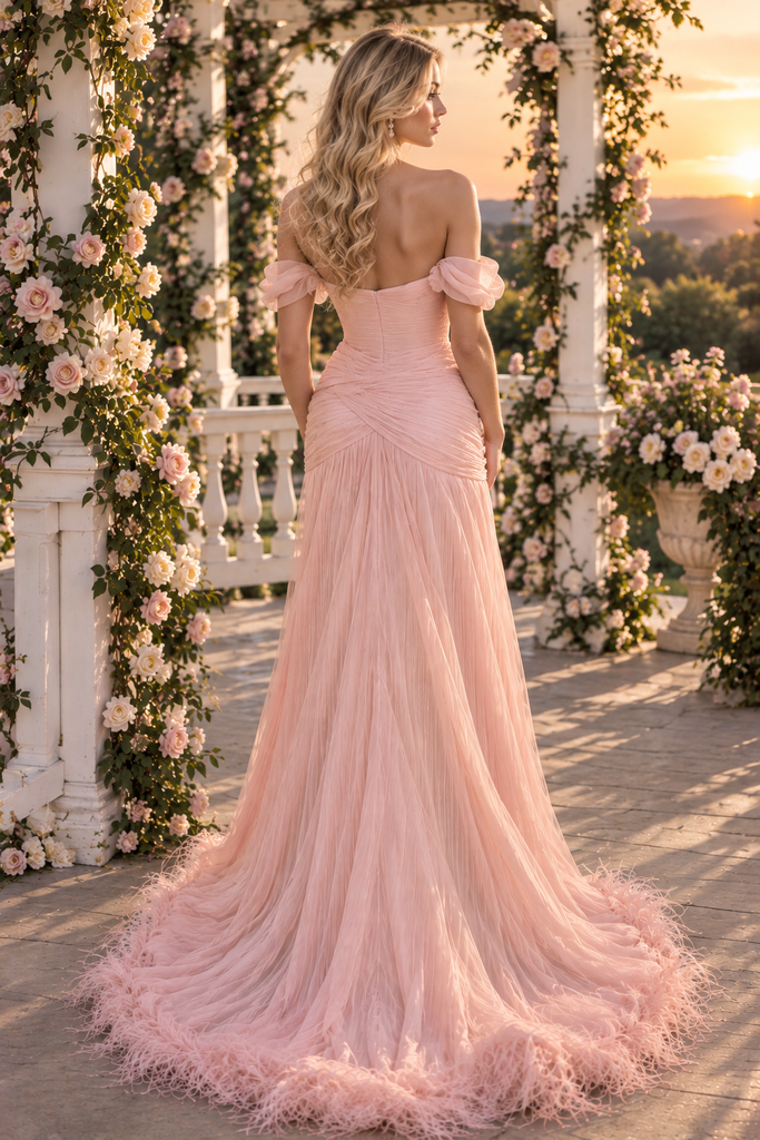 Romantic Off Shoulder Draped Tulle A-Line Long Prom Dress With Feather Hem,PDS118589