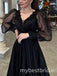 Black V-neck Long Sleeves Lace Applique A-line Long Prom Dress,PDS11678