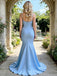 Simple Baby-Blue V-Neck Spaghetti Straps Mermaid Long Prom Party Dress,PDS118507