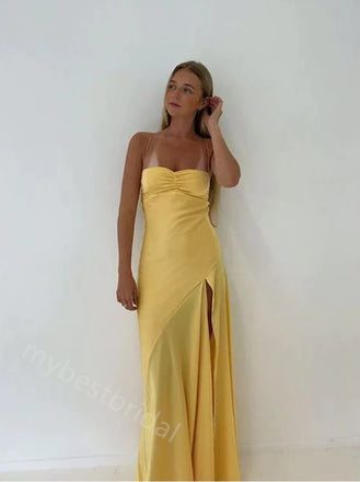 Yellow Spaghetti Straps Sleeveless Sheath Floor Length Prom Dress,PDS11606