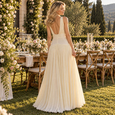 Glam Cream Chiffon Halter V Neck Pleated A Line Wedding Guest Dress,PDS118690