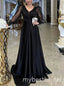 Black V-neck Long Sleeves Lace Applique A-line Long Prom Dress,PDS11678