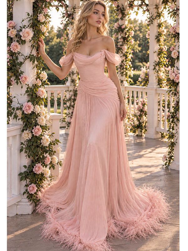 Romantic Off Shoulder Draped Tulle A-Line Long Prom Dress With Feather Hem,PDS118589