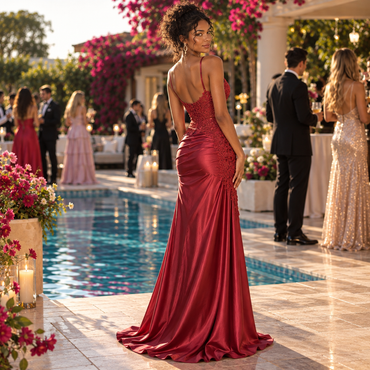 Luxe Burgundy Satin Lace Spaghetti Strap High Slit Mermaid Prom Dress,PDS118691