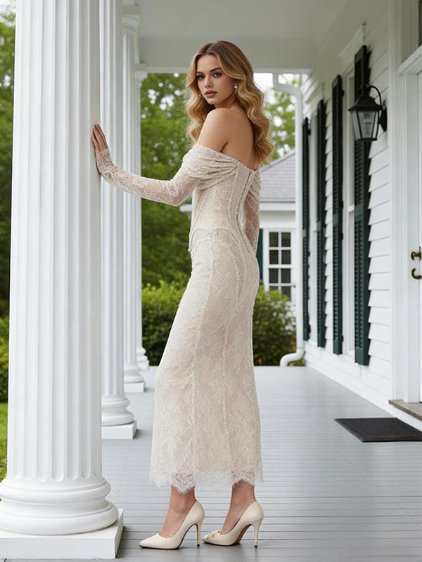 Ivory Off Shoulder Sweetheart Mermaid Lace Long Prom Party Dress,PDS118508