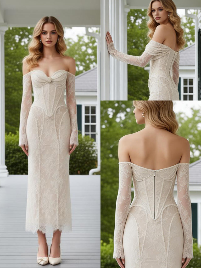 Ivory Off Shoulder Sweetheart Mermaid Lace Long Prom Party Dress,PDS118508