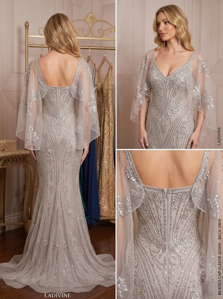 Exquisite Beaded V-Neck Mermaid Prom Dress With Sheer Cape Sleeve,PDS118590