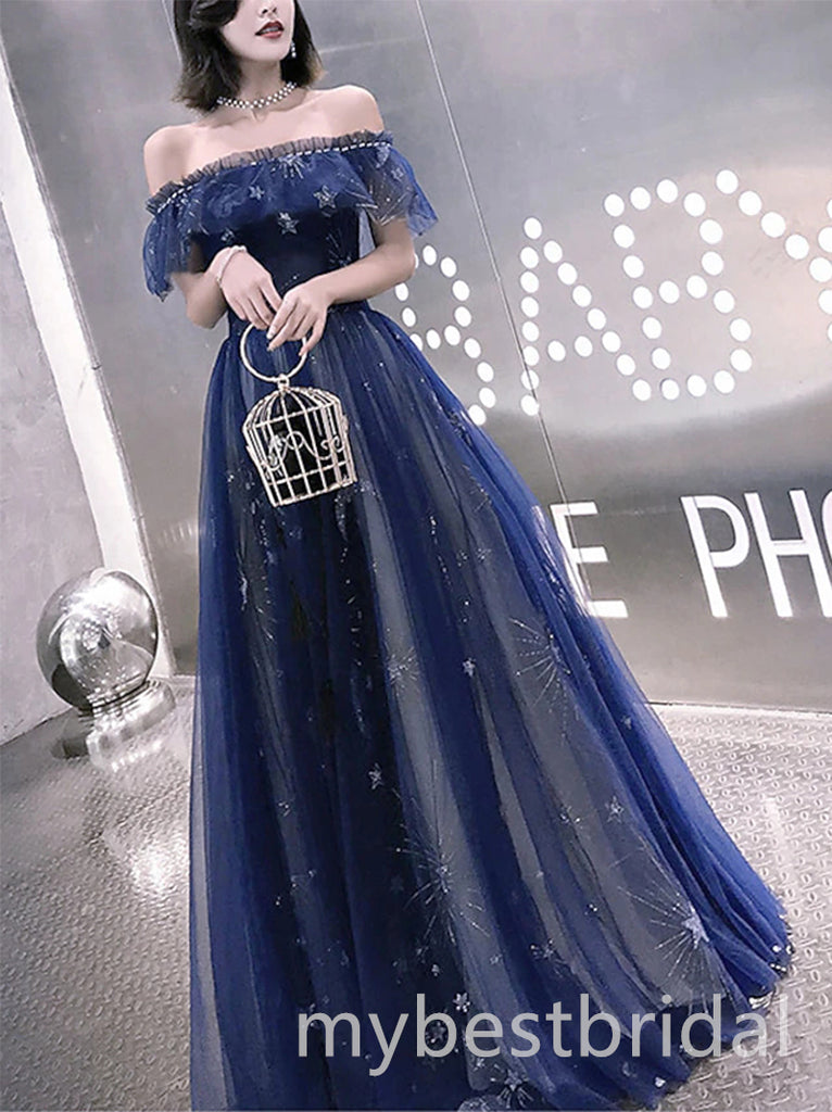 Navy Blue Sparkly Off Shoulder Sleeveless A-line Long Prom Dress,PDS11680