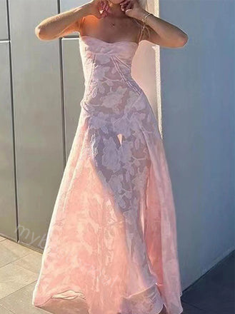 Pink Spaghetti Straps Sleeveless Sheath Floor Length Prom Dress,PDS11608