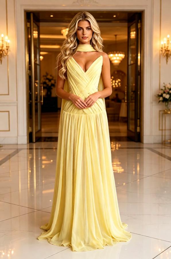 Gorgeous Halter Chiffon Pleated A-Line Long Evening Prom Gown,PDS118591