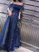 Navy Blue Sparkly Off Shoulder Sleeveless A-line Long Prom Dress,PDS11680