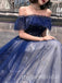 Navy Blue Sparkly Off Shoulder Sleeveless A-line Long Prom Dress,PDS11680