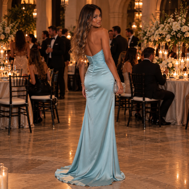 Chic Sky Blue Satin Strapless Keyhole Mermaid Formal Party Dress,PDS118692