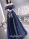 Navy Blue Sparkly Off Shoulder Sleeveless A-line Long Prom Dress,PDS11680