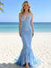 Sky-Blue V-Neck Spaghetti Straps Pleats Mermaid Chiffon Long Prom Party Dress,PDS118509